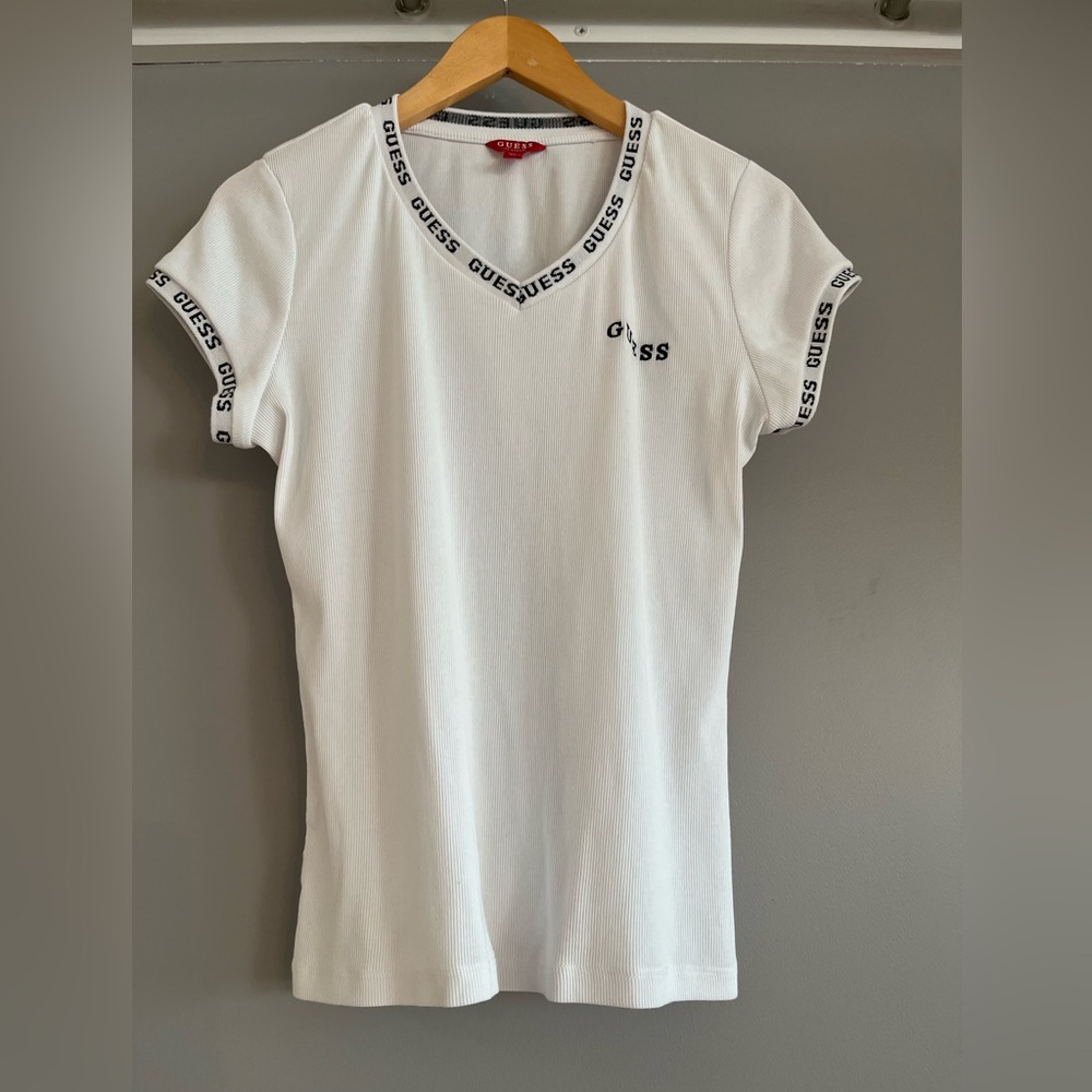 GUESS White Short Sleeve Tee with Logo Trim
